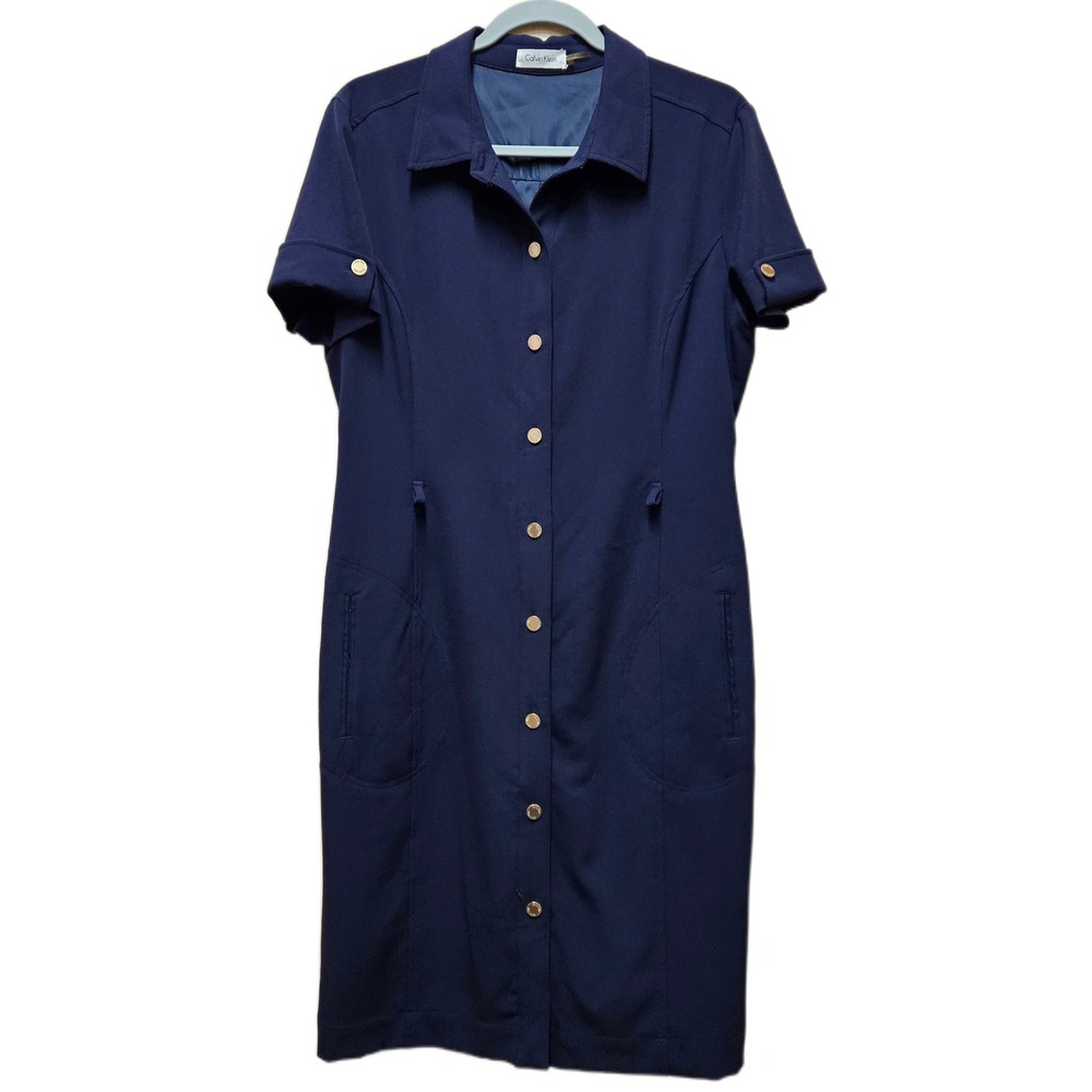 Calvin Klein Navy Blue Button Front Midi Dress Short Sleeve NO BELT‎ Size 12